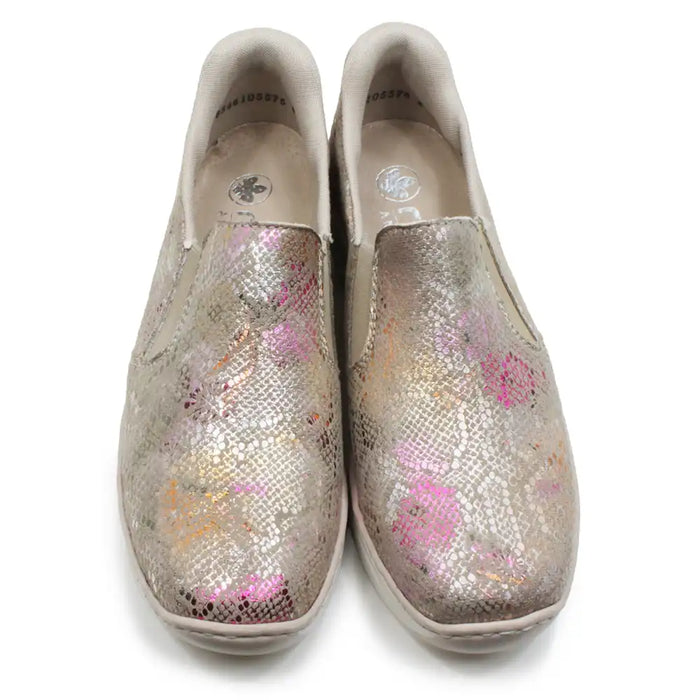 Pair of glittery slip-on shoes with floral patterns on a white background