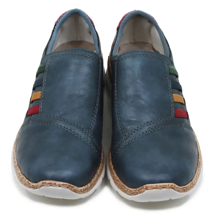 Pair of blue loafers with colorful stripes on a white background