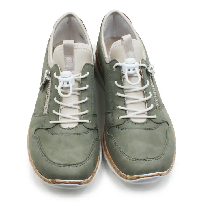 Pair of green sneakers with white laces on a white background