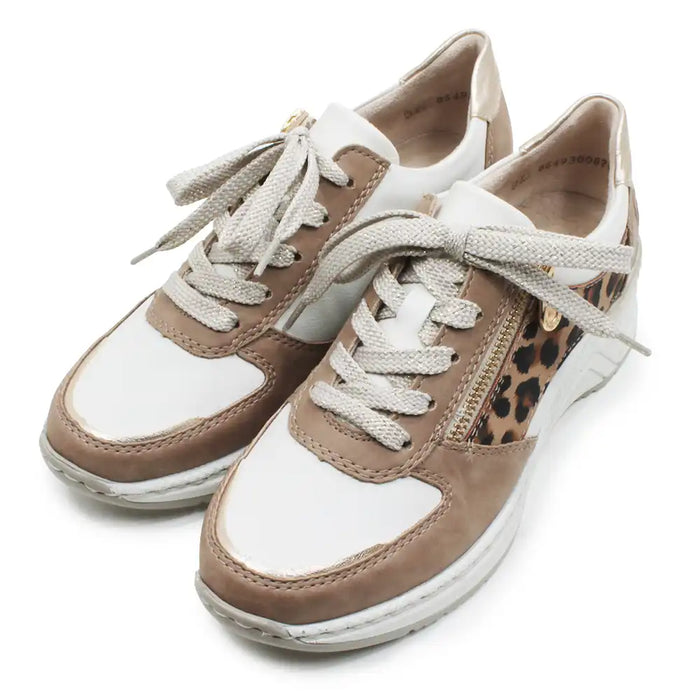 Pair of brown and white sneakers with leopard print accents on a white background