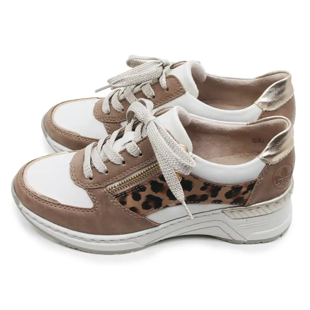 Brown and white sneakers with leopard print accents on a white background