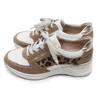 Brown and white sneakers with leopard print accents on a white background