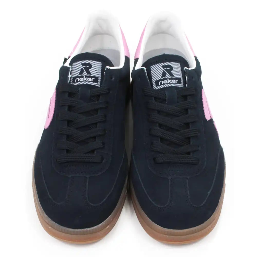 Navy blue trainers with pink R on the sides and white and pink around the ankle cuffs. Tan rubber soles. Rieker branding on the tongues. Front view.