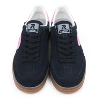 Navy blue trainers with pink R on the sides and white and pink around the ankle cuffs. Tan rubber soles. Rieker branding on the tongues. Front view.
