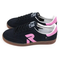 Navy blue trainers with pink R on the sides and white and pink around the ankle cuffs. Tan rubber soles. Rieker branding on the tongues. Side view.
