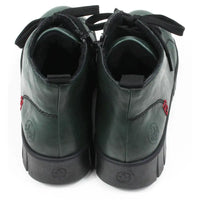 Green ankle boots with black laces on a white background. Back view.
