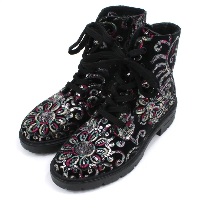 Black sequined combat style boots.