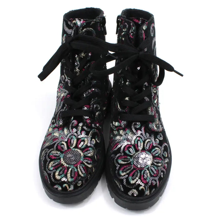 Black sequined combat style boots.