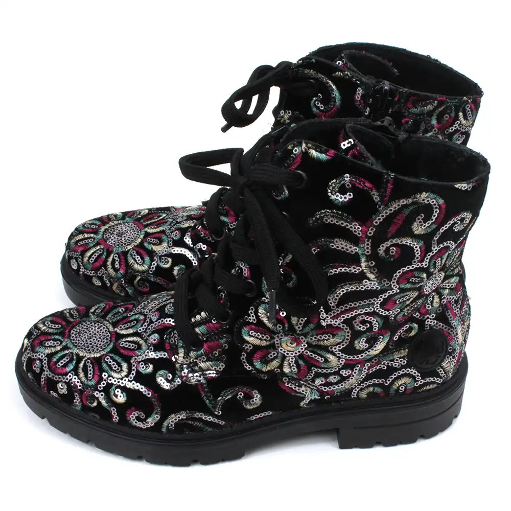 Black sequined combat style boots.