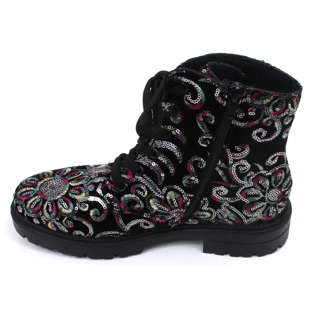 Black sequined combat style boot.