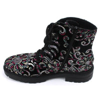 Black sequined combat style boot.