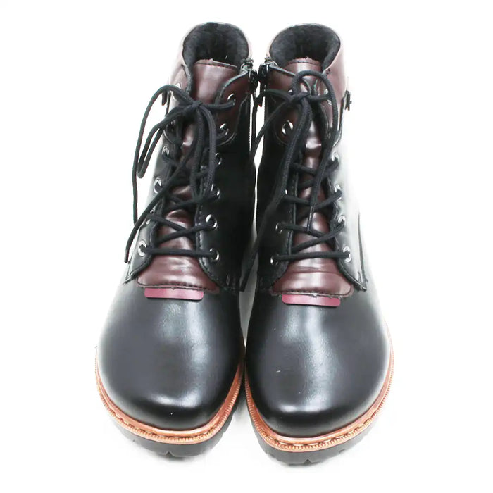 A pair of lace-up ankle boots with black leather uppers, dark brown leather panels at the collar and toe, black laces, and a light brown sole, shown against a plain white background.