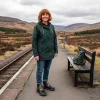 A woman with red hair stands on a train platform wearing a dark green hooded rain jacket, blue jeans, and green boots, with a matching green backpack on a bench beside her. The background shows a rural landscape with hills, heather, and train tracks under an overcast sky.