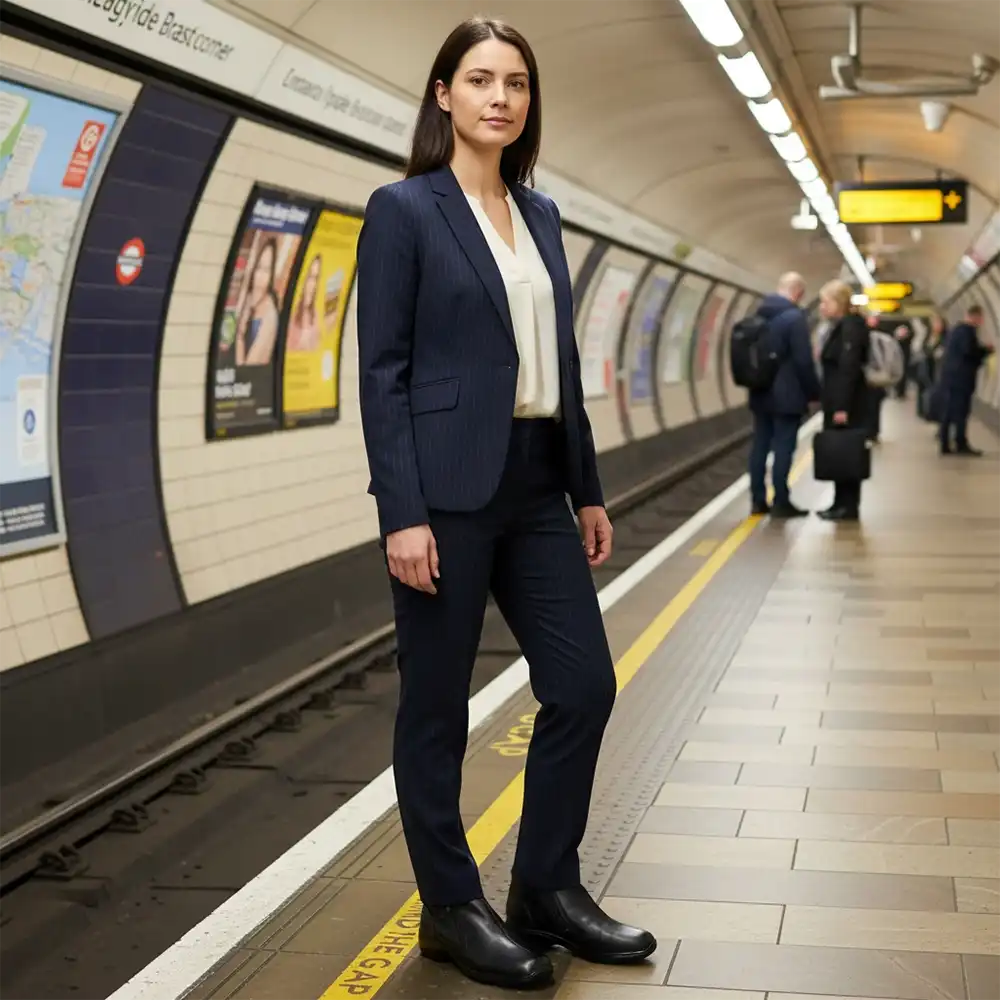 A woman stands on a subway platform wearing a dark navy pinstripe blazer and matching trousers over a cream blouse, with black ankle boots. The background shows a tiled subway station with other passengers and platform markings.