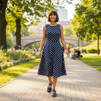 Woman in a blue spotty dress walking through a park.