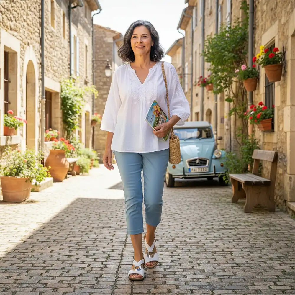 Woman walking down a quaint street with a vintage car and decorative plants in the background