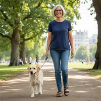 Woman walking a dog in a park