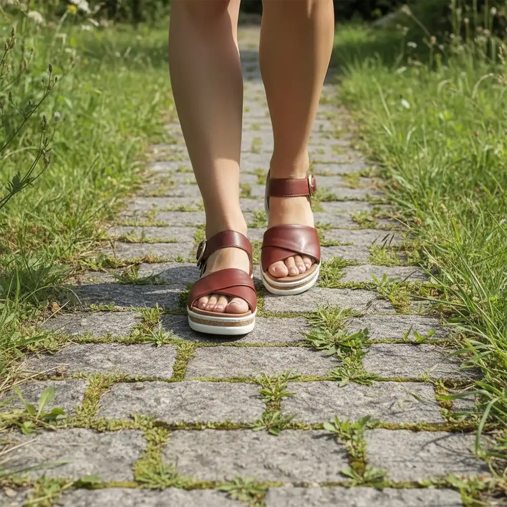 Brown sandals worn on a stone path with grass on either side