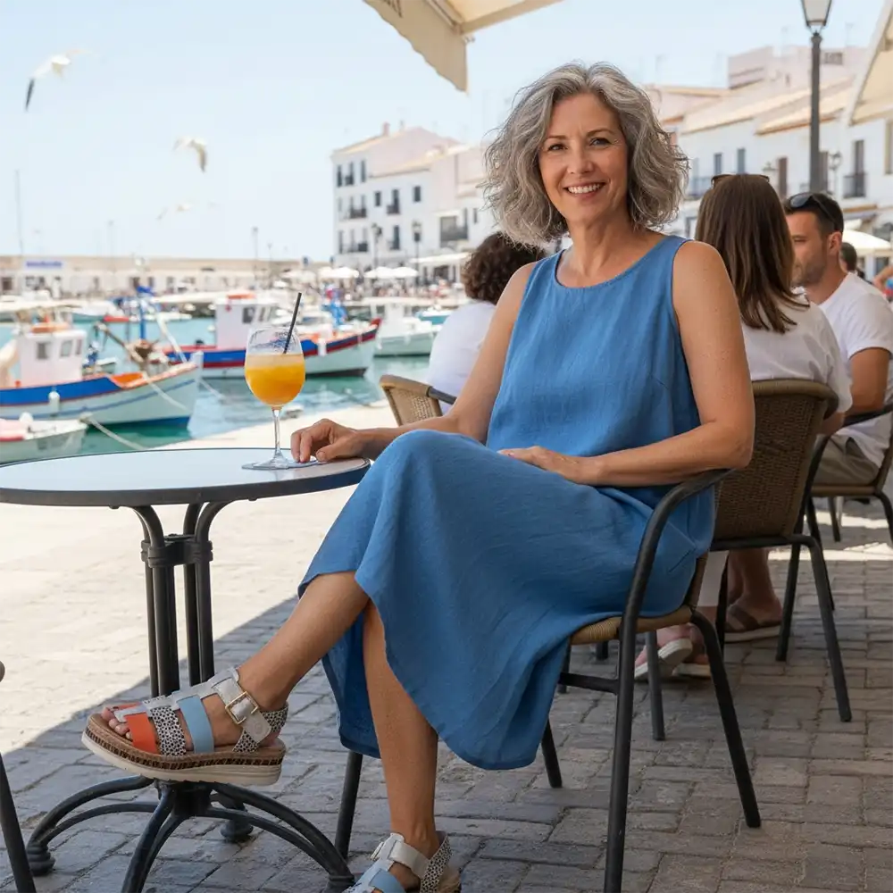 Woman in a blue dress sitting at an outdoor cafe with a drink, surrounded by people and boats.