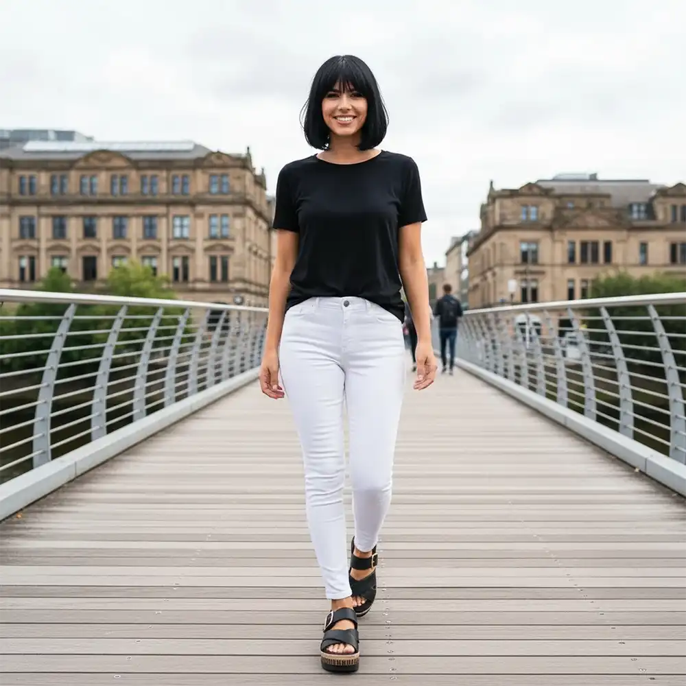 Young woman walking across a footbridge. She is wearing a black top, white jeans and black sandals.