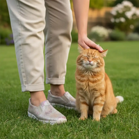 Person petting a cat on grass