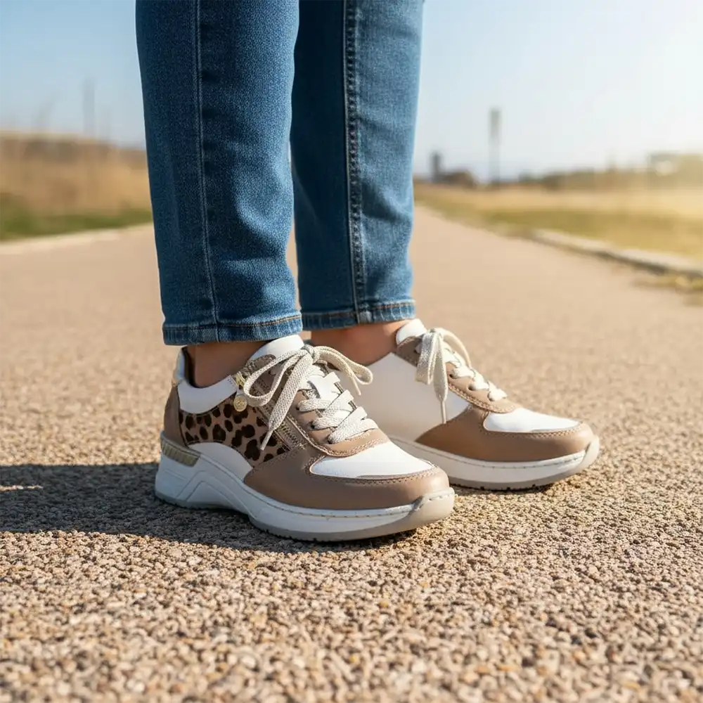 White, beige and animal print trainers worn with jeans.