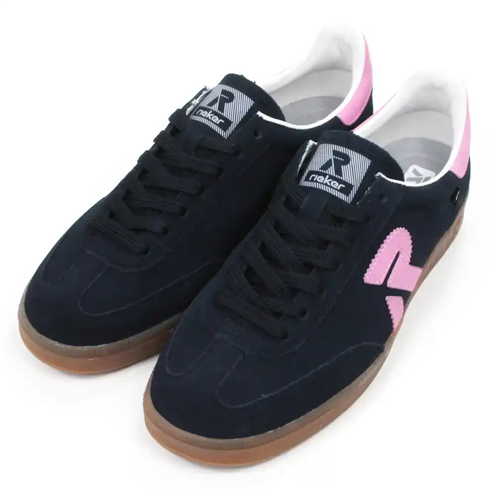 Navy blue trainers with pink R on the sides and white and pink around the ankle cuffs. Tan rubber soles. Rieker branding on the tongues. Angled view.