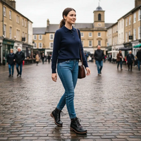 A woman walking on a cobblestone town street wearing a navy blue long-sleeve polo shirt, blue jeans, and black lace-up boots, with a brown shoulder bag.