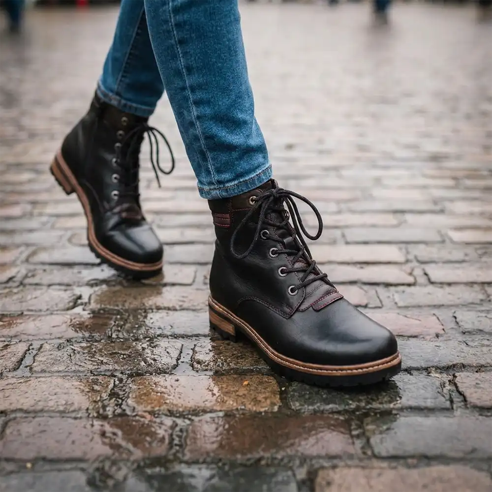 Rieker boots being worn on a wet historic paving.