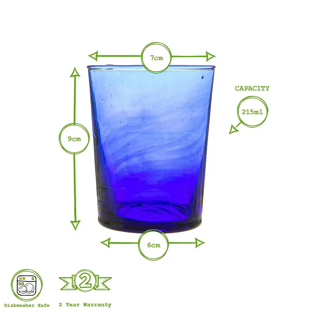 Blue glass tumbler with measurements and product details on a white background