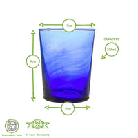 Blue glass tumbler with measurements and product details on a white background