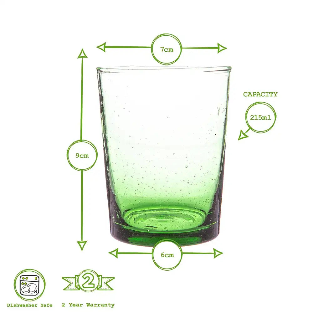 Green glass with measurements and product details on a white background