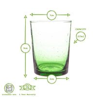 Green glass with measurements and product details on a white background