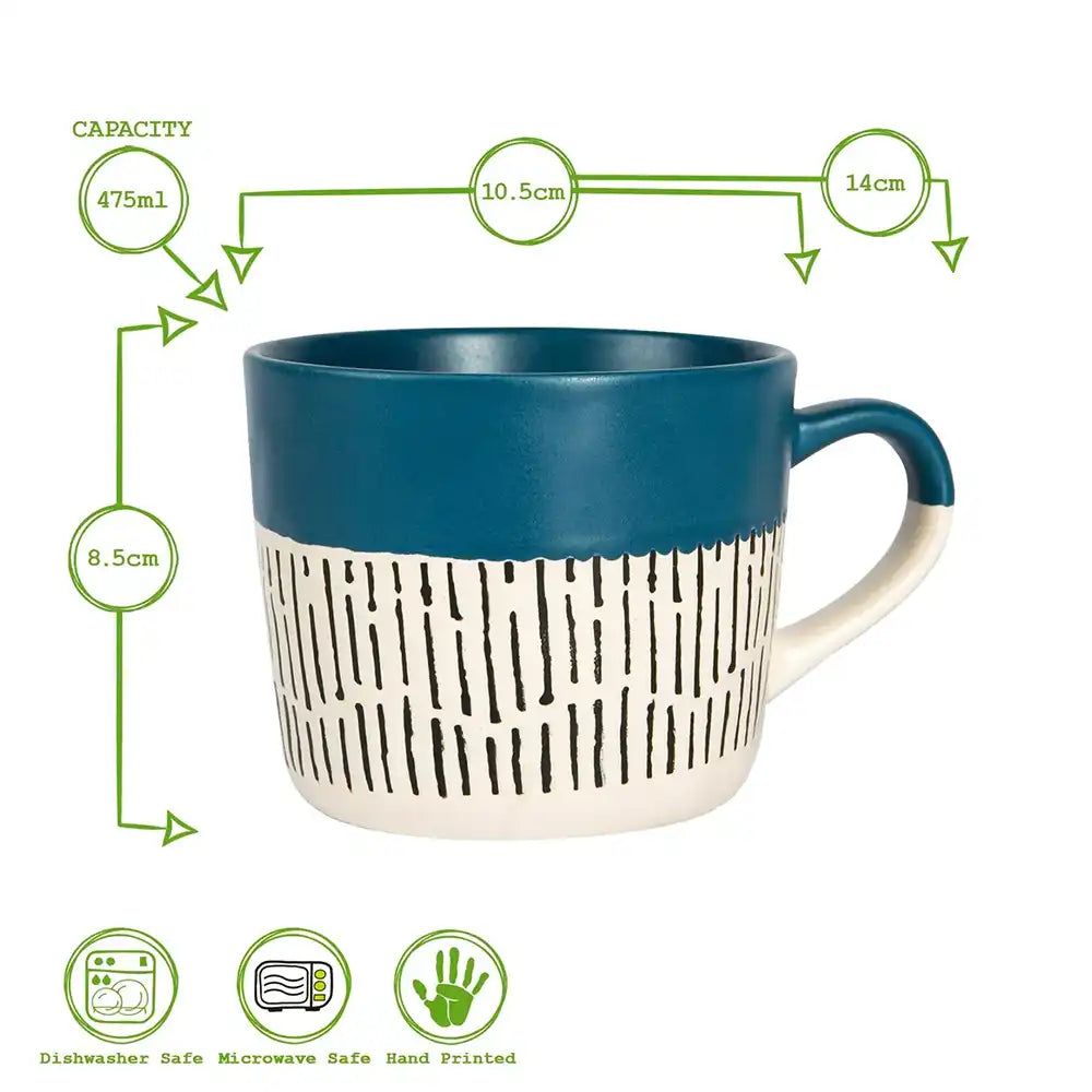 Blue and white mug with measurements and safety icons on a white background