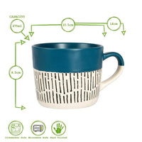 Blue and white mug with measurements and safety icons on a white background