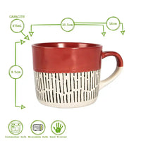Red and white mug with measurements and safety features on a white background