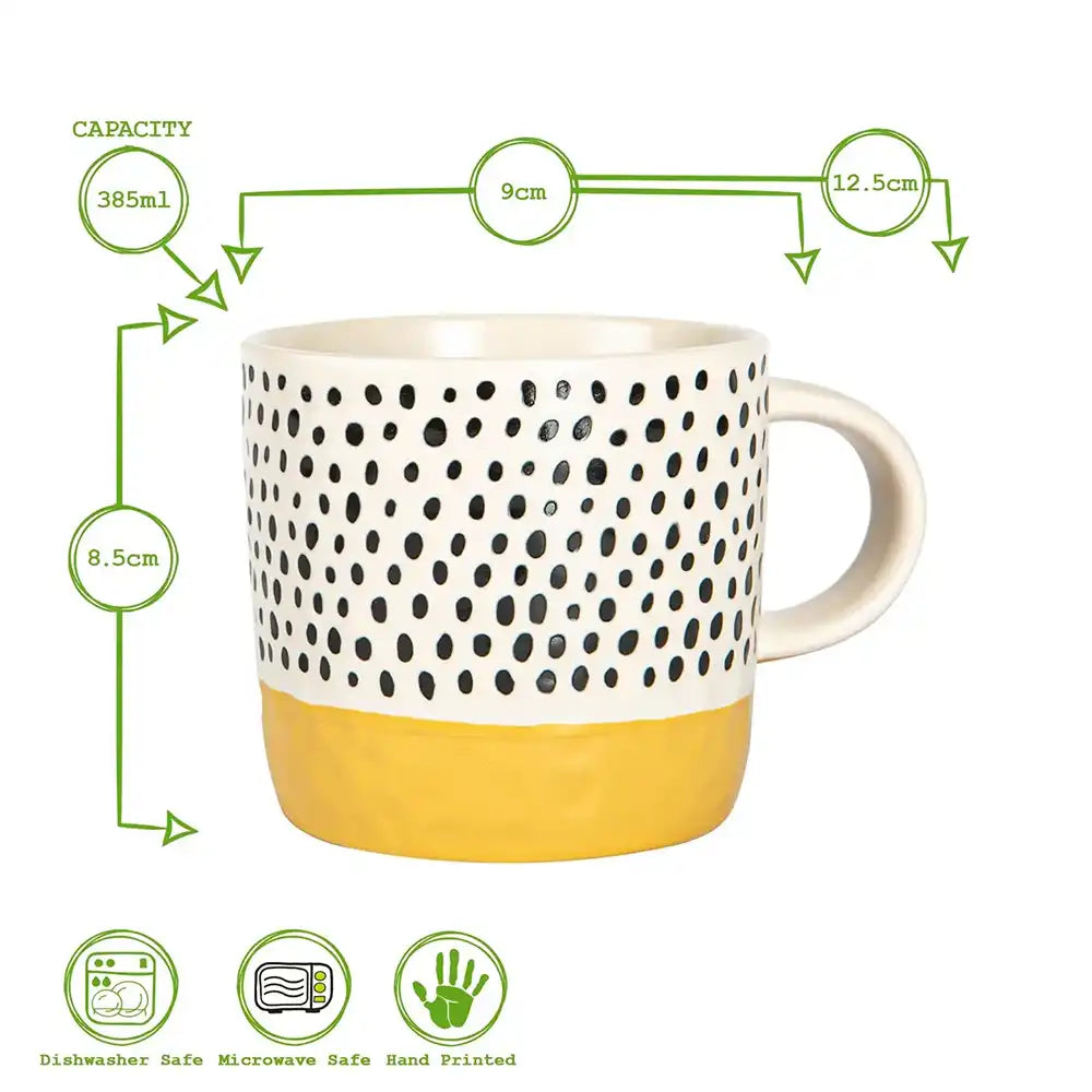 Mug with black dot pattern and yellow base, featuring dimensions and safety icons on a white background.