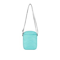 Turquoise crossbody bag with a strap on a white background