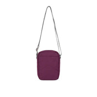 Purple crossbody bag with a strap on a white background
