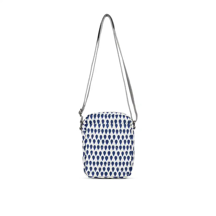 Small crossbody bag with blue pattern on a white background
