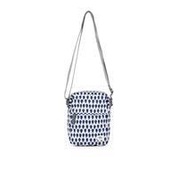 Small crossbody bag with blue and white pattern on a white background