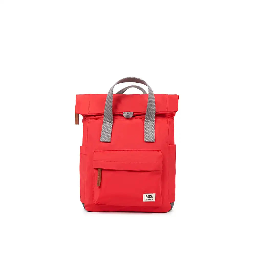 Red backpack with gray straps on a white background