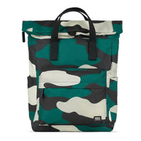 Roka camouflage backpack with black canvas straps and handles. Foldover zipped top opening. External zipped pocket. Open pockets on each side.