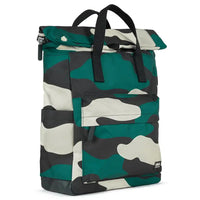 Roka camouflage backpack with black canvas straps and handles. Foldover zipped top opening. External zipped pocket. Open pockets on each side.