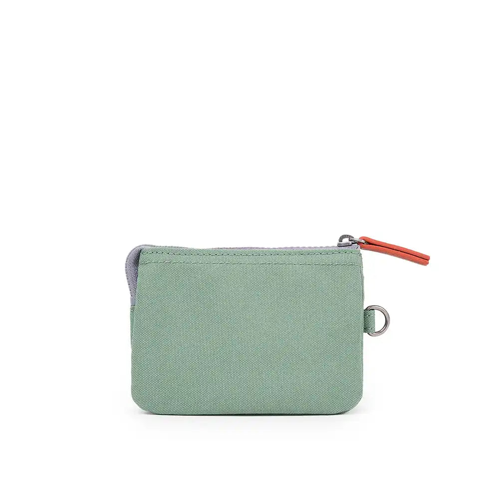 Green zippered pouch with a red zipper pull on a white background