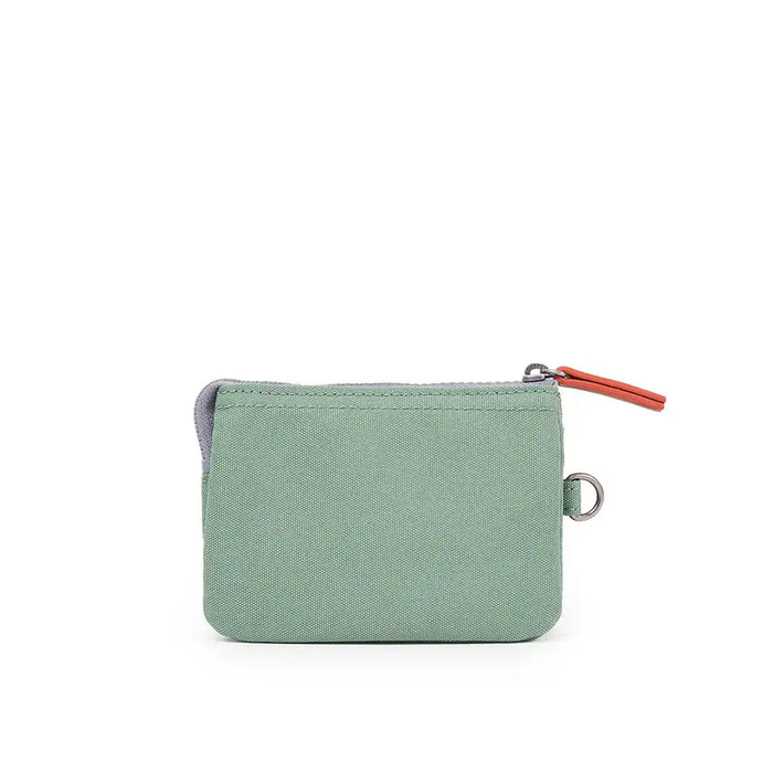 Green zippered pouch with a red zipper pull on a white background
