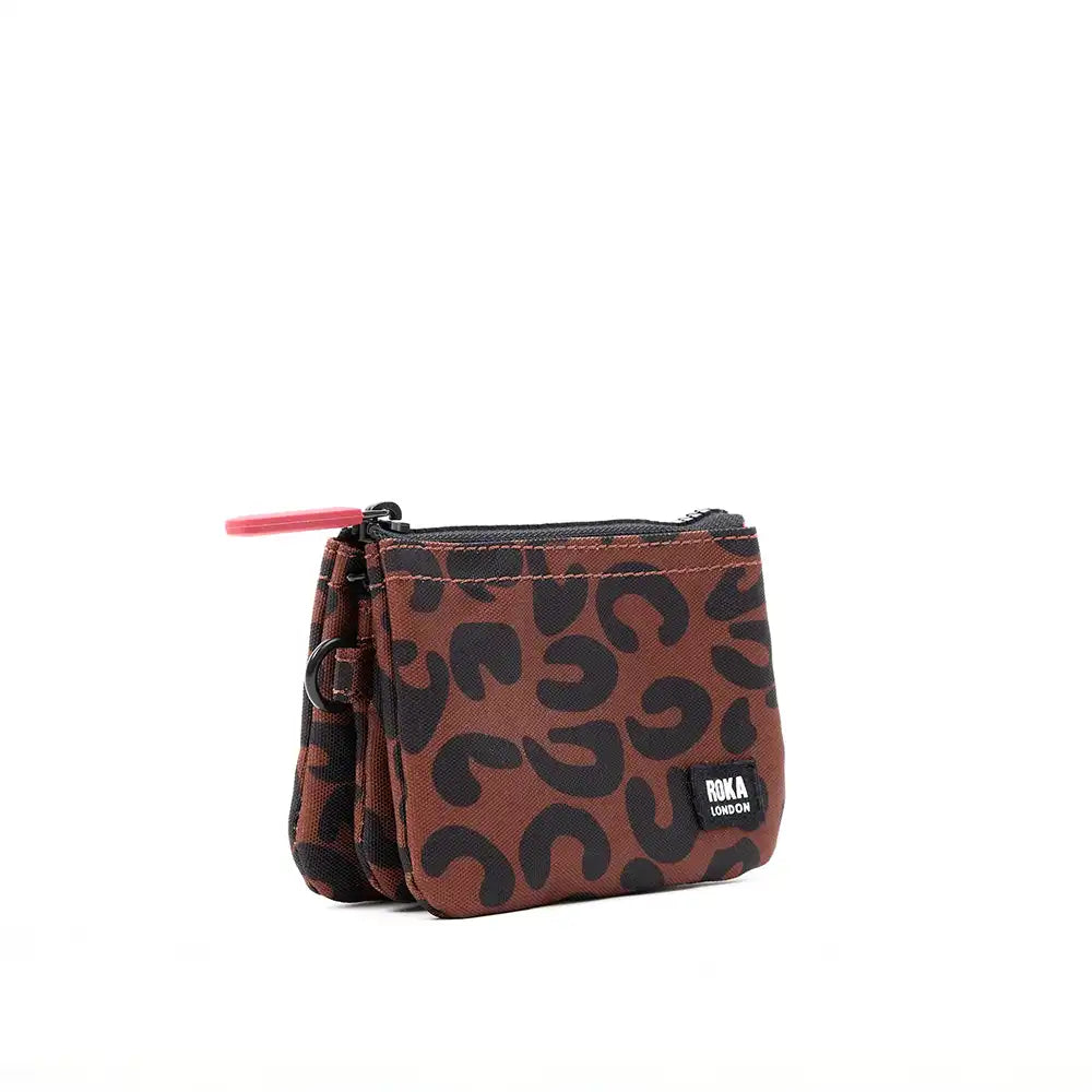 Brown pouch with black pattern and visible brand logo on a white background