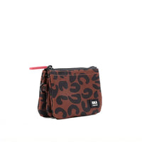 Brown pouch with black pattern and visible brand logo on a white background