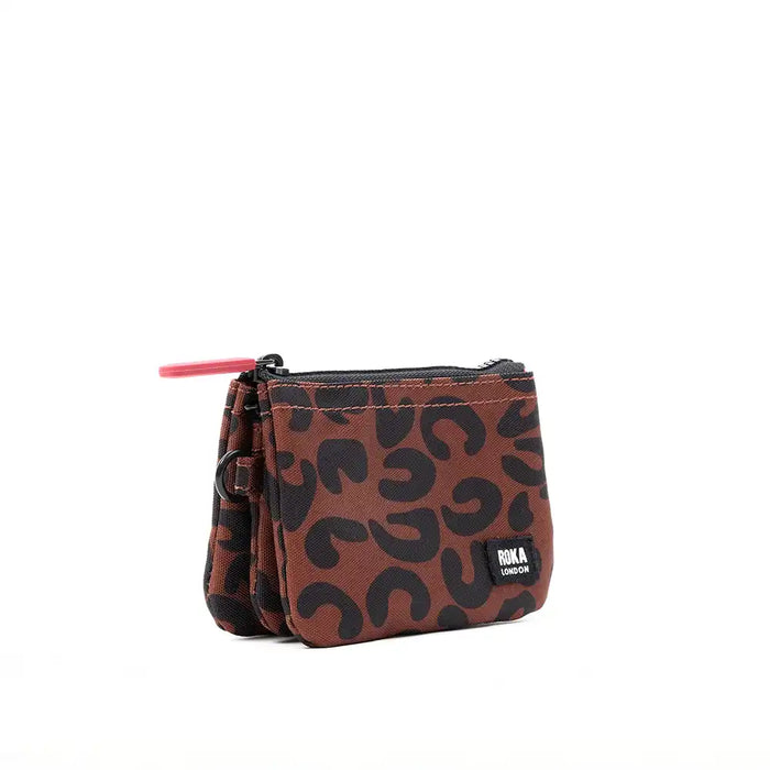 Brown pouch with black pattern and visible brand logo on a white background