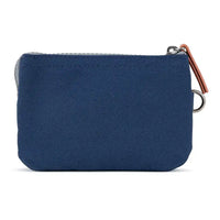 Blue zippered pouch with brown strap on a white background